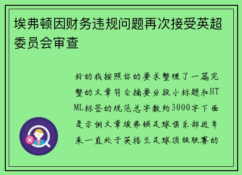 埃弗顿因财务违规问题再次接受英超委员会审查