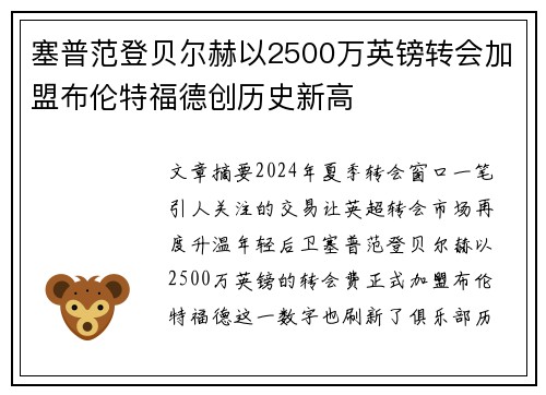 塞普范登贝尔赫以2500万英镑转会加盟布伦特福德创历史新高